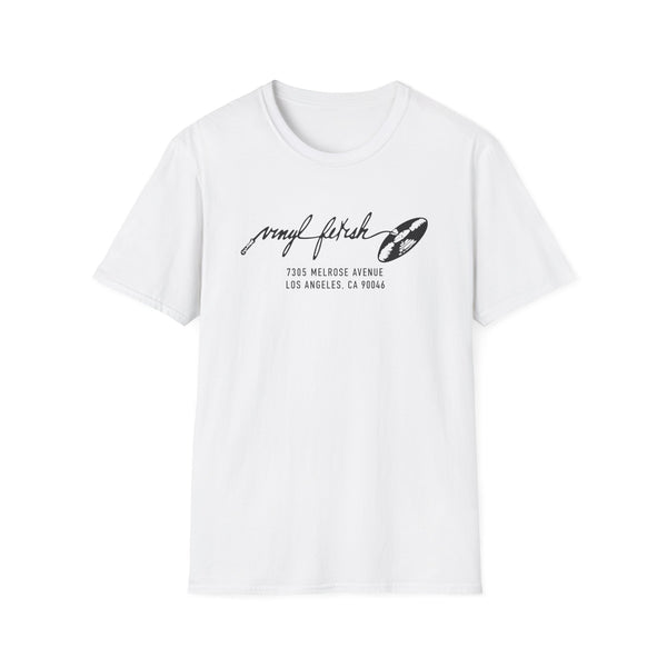White t-shirt with "vinyl fetish" and address printed in black.
