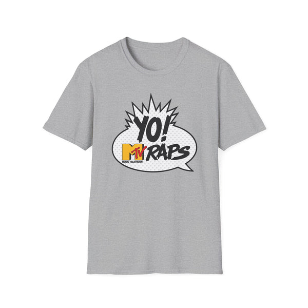 Grey t-shirt with "YO! MTV RAPS" logo in a speech bubble graphic.
