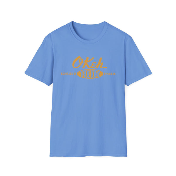 Blue t-shirt with orange "OKeh" logo and oval graphic.