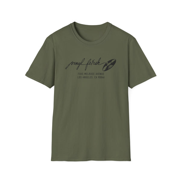 Olive green t-shirt with black "vinyl fetish" text and record graphic.