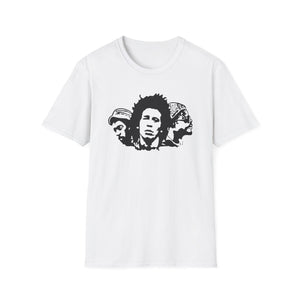 White t-shirt with black graphic of three black and white portraits of men.