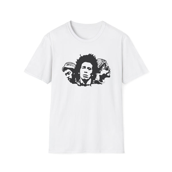 White t-shirt with black graphic of three black and white portraits of men.