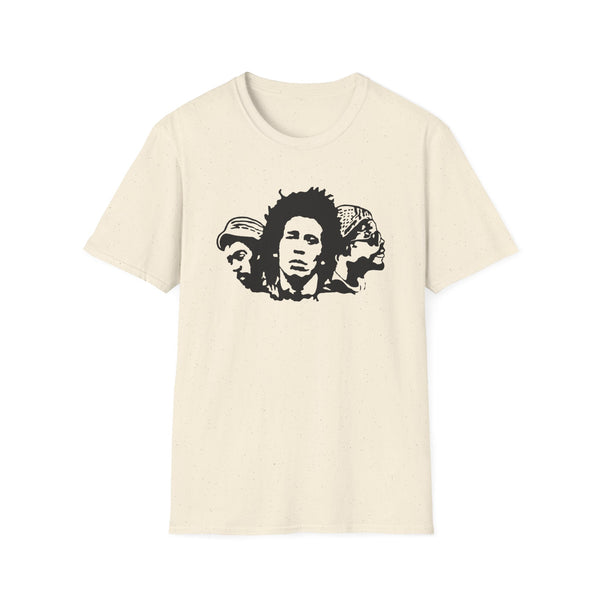 Cream t-shirt with black graphic of three faces in profile, including Bob Marley.