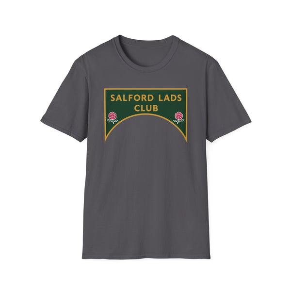 Dark grey t-shirt with green and gold Salford Lads Club logo and two red roses.