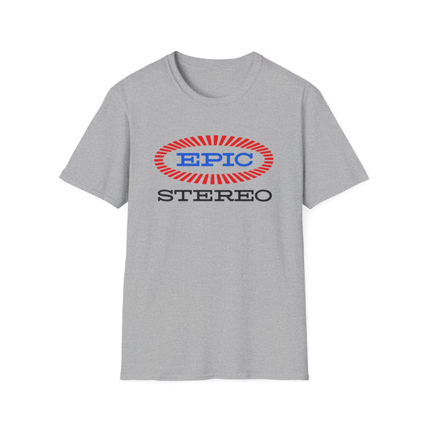 Grey t-shirt with blue and red "EPIC STEREO" logo on the chest.