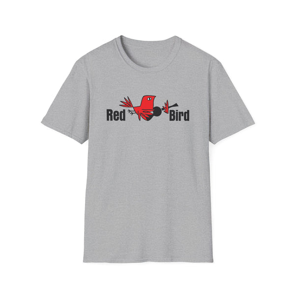 Grey t-shirt with "Red Bird" text and a cartoon red bird graphic.