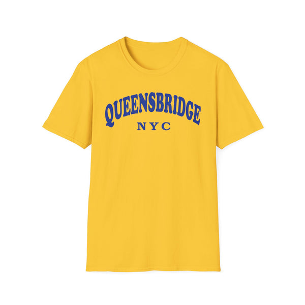 Yellow t-shirt with blue "QUEENSBRIDGE NYC" text.