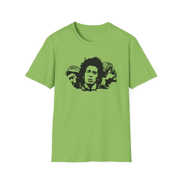 Lime green t-shirt with black graphic of Bob Marley and two other individuals.