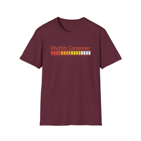Maroon t-shirt with multicolored bar design and text "Rhythm Composer".