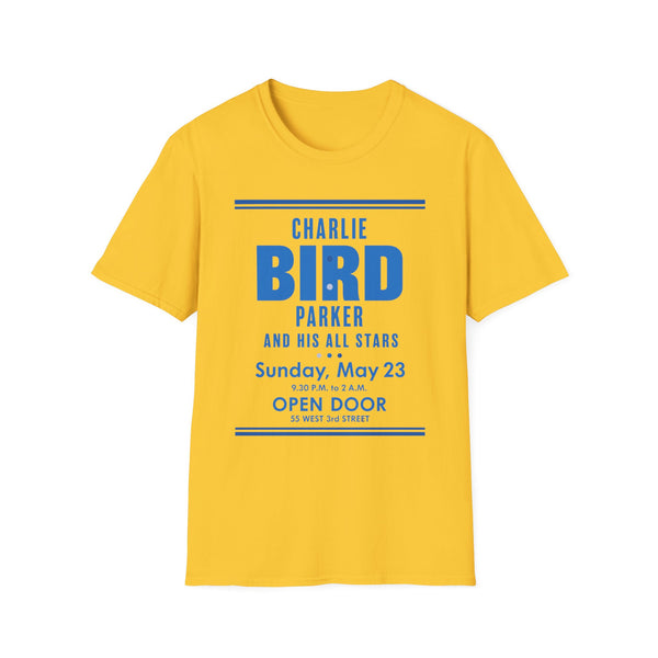 Yellow t-shirt with blue text: Charlie Bird Parker and His All Stars concert details.
