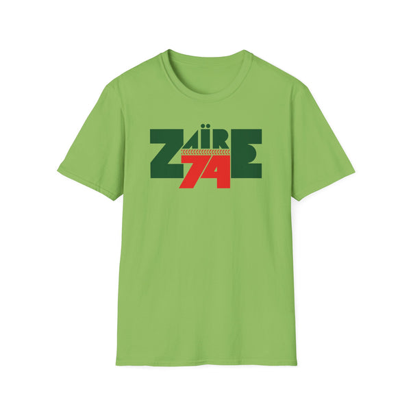 Light green t-shirt with ZAIRE 74 text graphic in dark green and red.