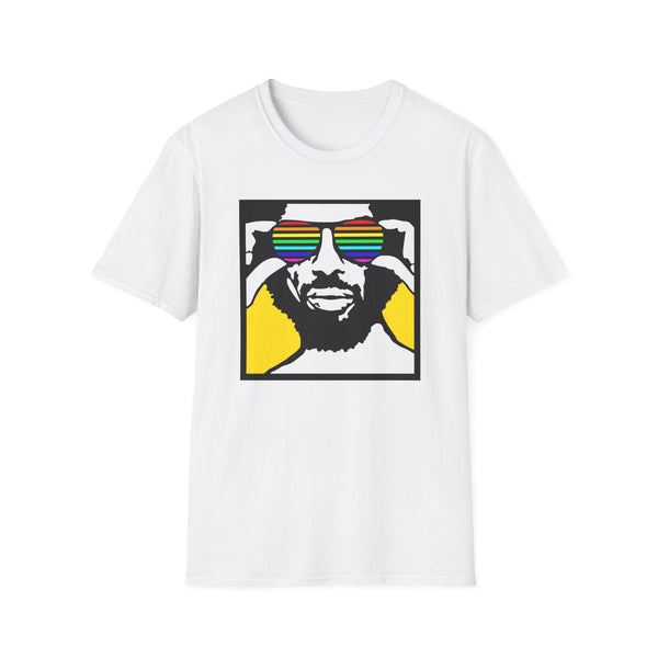 White t-shirt with graphic of man wearing rainbow sunglasses adjusting them.