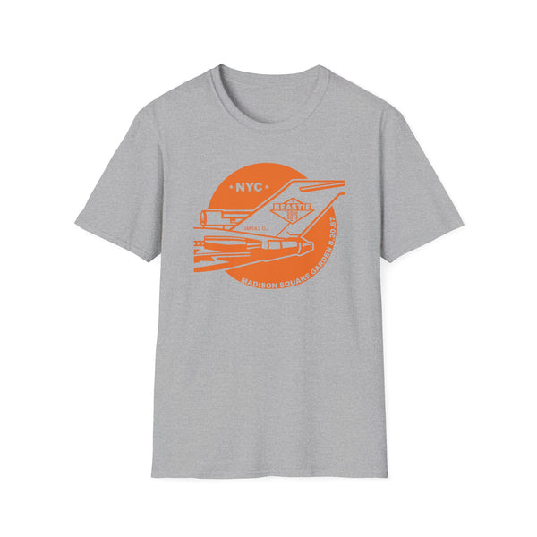Gray t-shirt with orange graphic of logo and Madison Square Garden concert details.