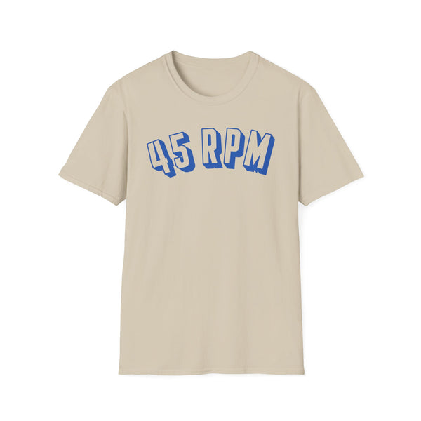 Beige t-shirt with blue "45 RPM" text in a retro font.