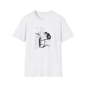 White t-shirt with a black ink drawing of a drummer playing a drum set.