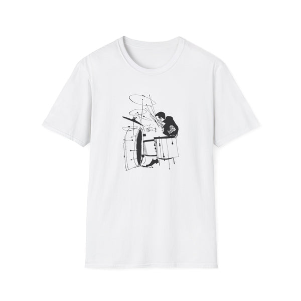 White t-shirt with a black ink drawing of a drummer playing a drum set.