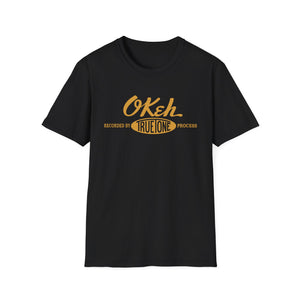 Black t-shirt with yellow "OKeh Recorded by True Tone Process" graphic.