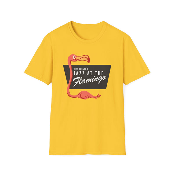 Yellow t-shirt with a pink flamingo graphic and "Jeff Kruger's Jazz At The Flamingo" text.