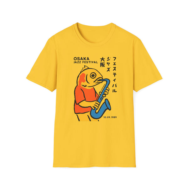 Yellow t-shirt with Osaka Jazz Festival graphic of a fish playing saxophone.