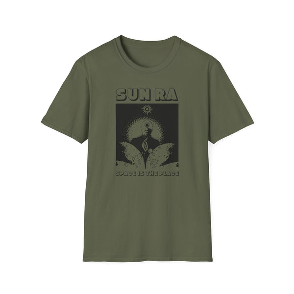 Olive green t-shirt with "SUN RA" and "SPACE IS THE PLACE" text with graphic.