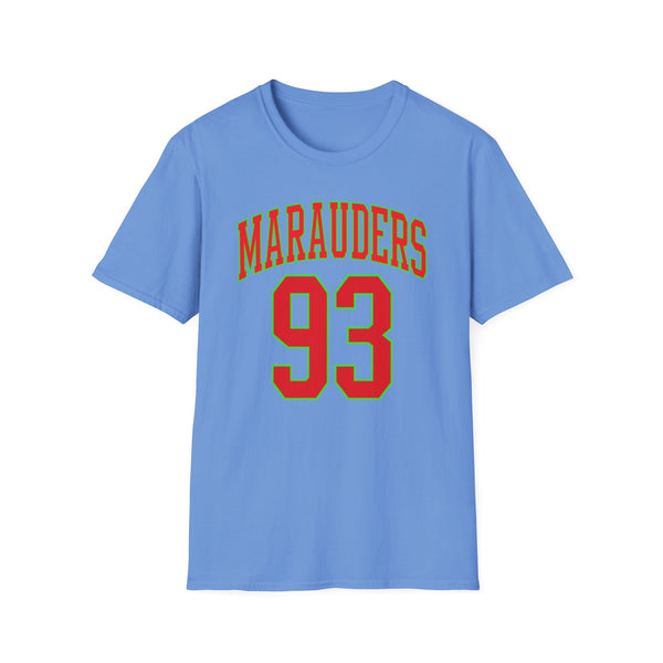 Blue t-shirt with red and green "Marauders 93" graphic.
