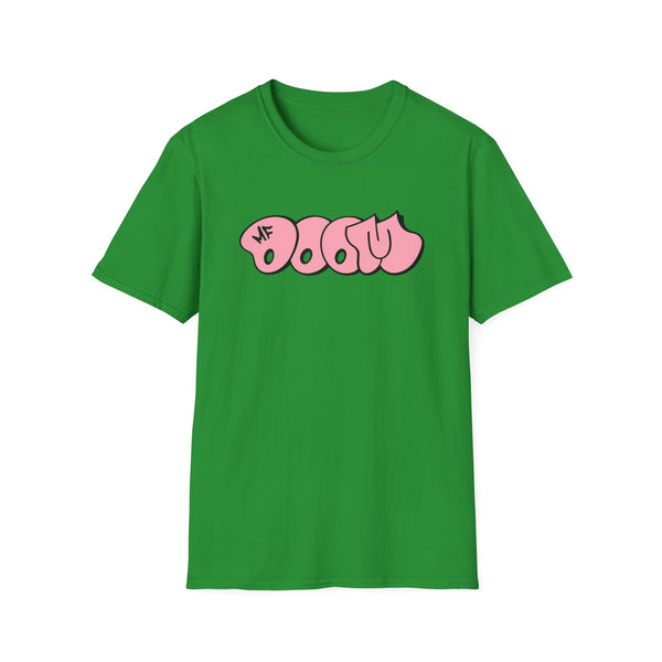 Green t-shirt with pink "MF DOOM" graffiti-style text on front.