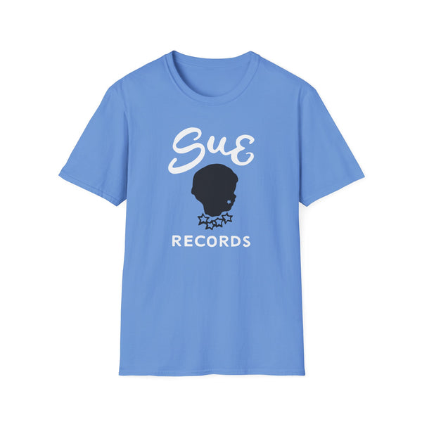 Blue t-shirt with white "Sue" script, black silhouette of a head, and "RECORDS" text.