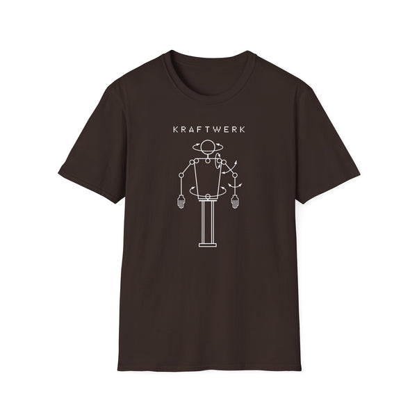 Kraftwerk logo with robotic figure schema on a brown t-shirt