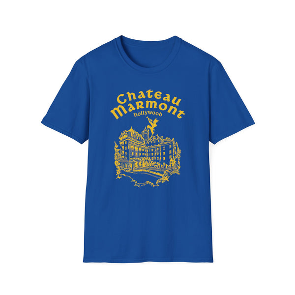 Blue t-shirt with yellow Chateau Marmont Hollywood building graphic.