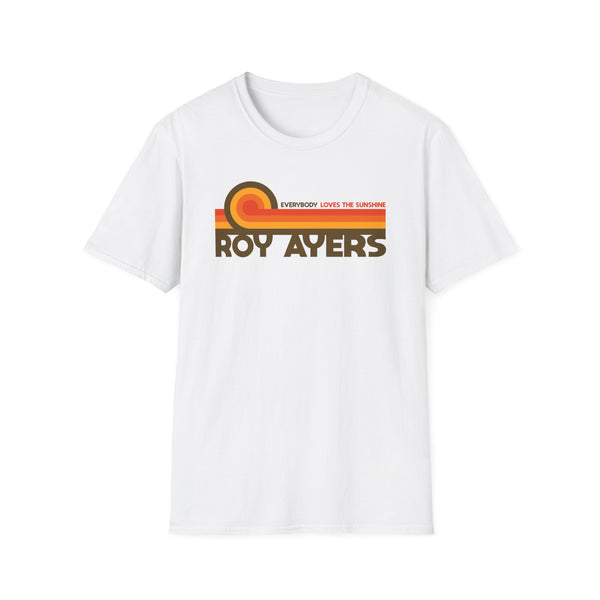White t-shirt with "ROY AYERS EVERYBODY LOVES THE SUNSHINE" graphic.