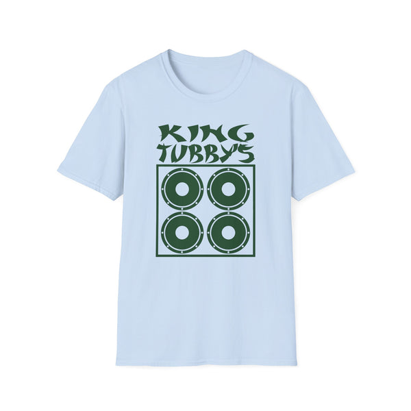 Light blue t-shirt with dark green "KING TUBBY'S" text and speaker graphic.