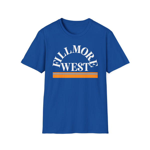 Blue t-shirt with white arched "FILLMORE" and "WEST" text, and orange stripes.