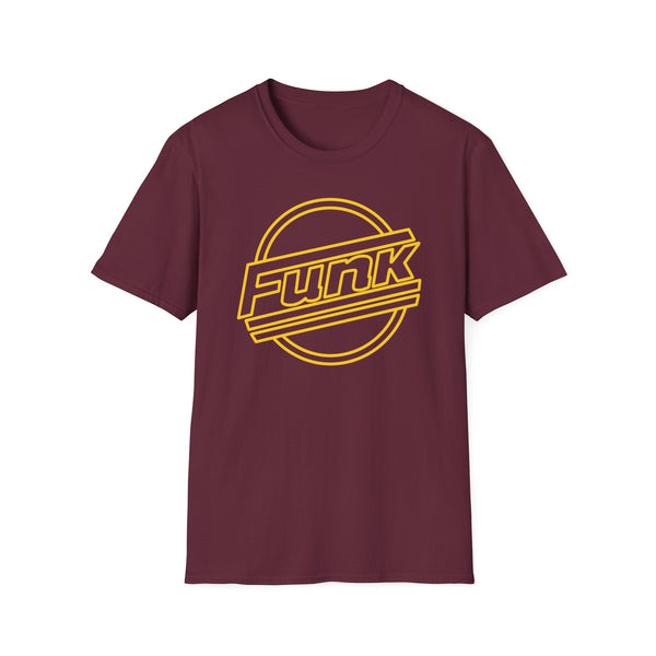 Maroon t-shirt with yellow "Funk" graphic within a circle.