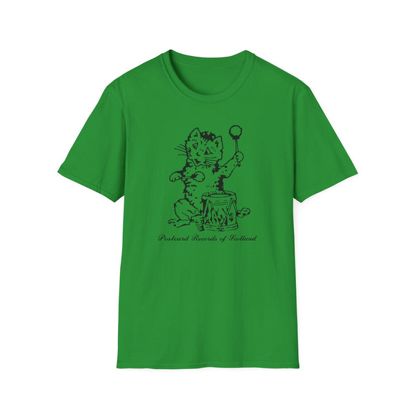 Green t-shirt with a black line drawing of a cat playing a drum and Postcard Records of Scotland text.