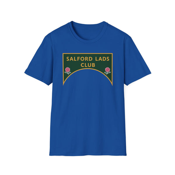Blue t-shirt with a green and gold crest that reads "SALFORD LADS CLUB" and features two red roses.