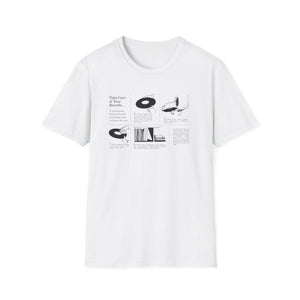 White t-shirt featuring black line art with text about record care.