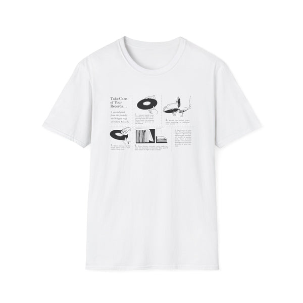 White t-shirt featuring black line art with text about record care.