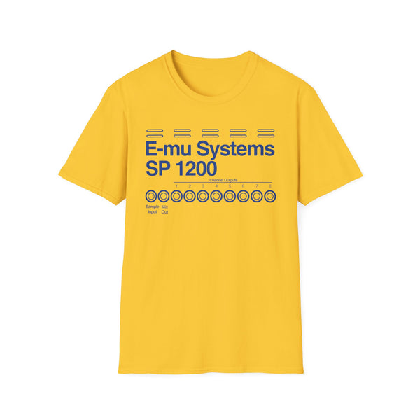 Yellow t-shirt with E-mu Systems SP 1200 graphic detailing channel outputs.