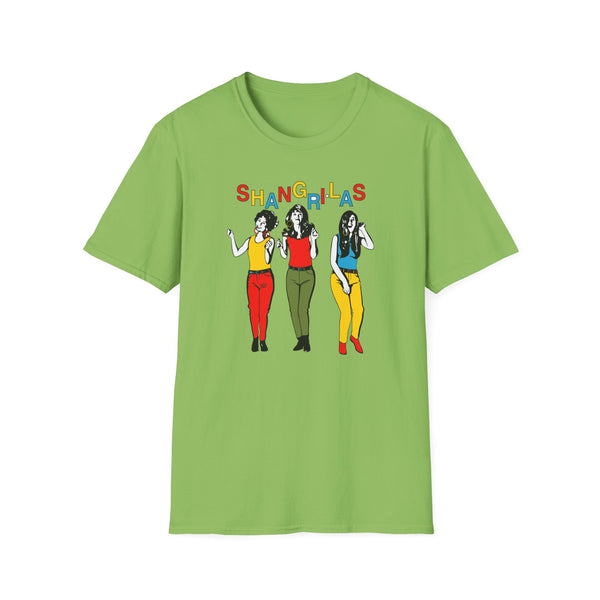 The Shangri-Las text above three women in colorful outfits on a light green t-shirt.