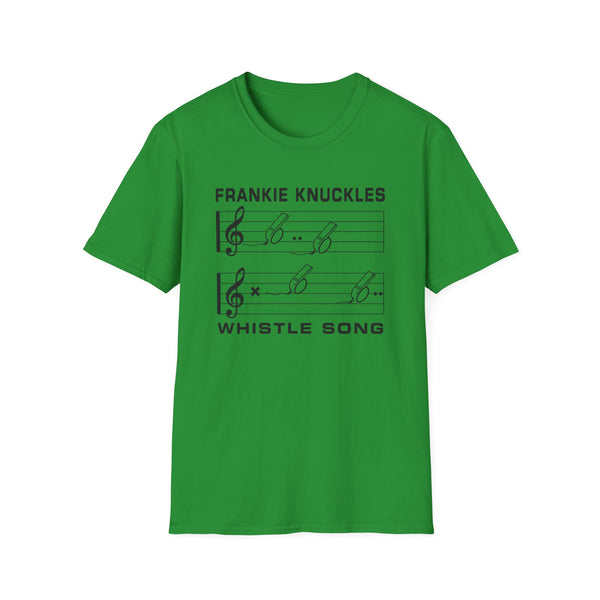 Green t-shirt with "Frankie Knuckles Whistle Song" and musical notation.