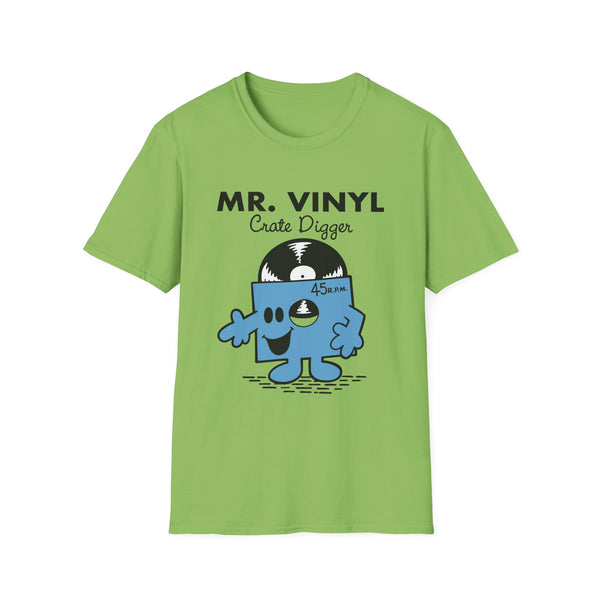 Green t-shirt with "MR. VINYL Crate Digger" and a cartoon vinyl record character.