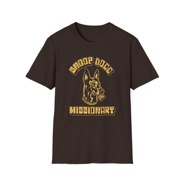 Brown t-shirt with "Missionary" text and a dog graphic.
