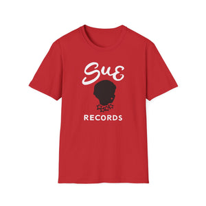 Red t-shirt with "Sue Records" logo featuring a silhouette and stars.