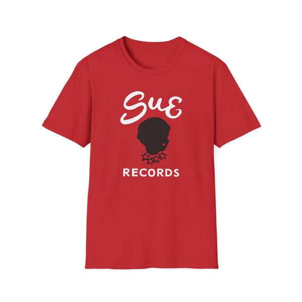 Red t-shirt with "Sue Records" logo featuring a silhouette and stars.