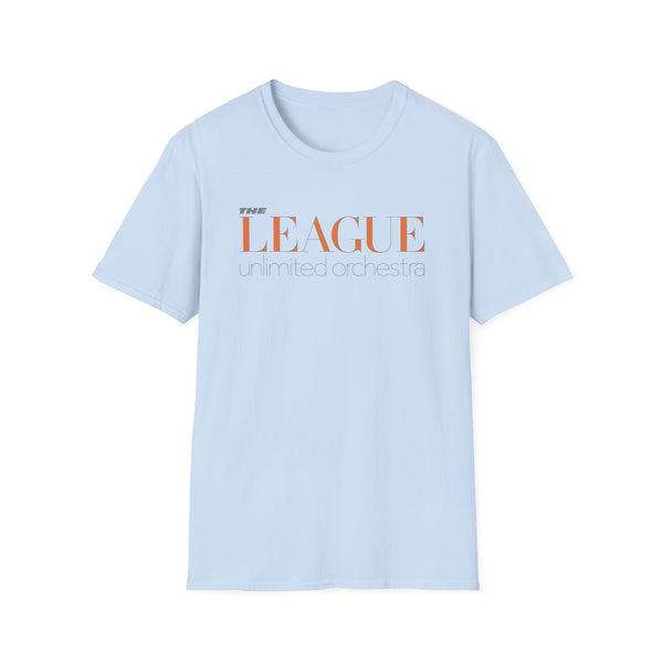 Light blue t-shirt with orange "THE LEAGUE unlimited orchestra" text.