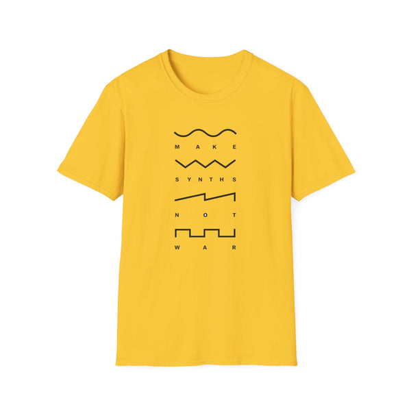 Yellow t-shirt with "MAKE SYNTHS NOT WAR" text and waveform graphics.