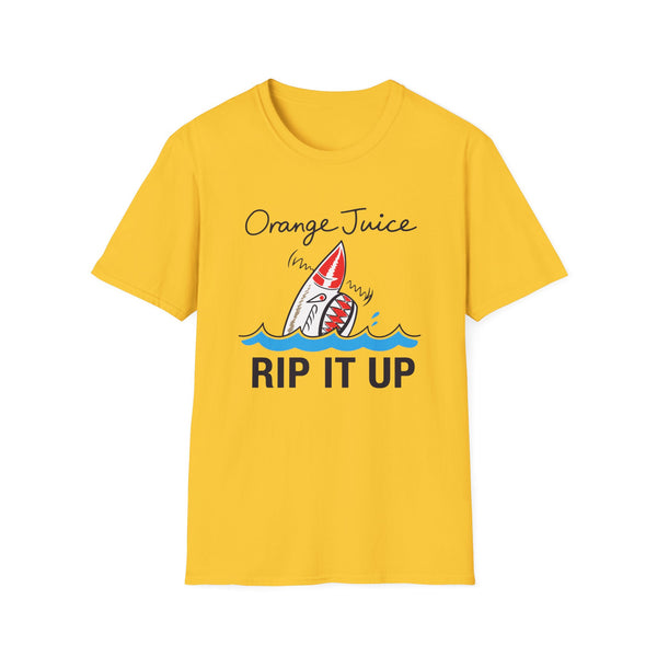 Yellow t-shirt with a shark graphic and text "Orange Juice RIP IT UP".