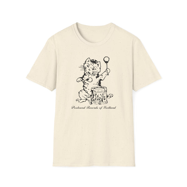 Cream t-shirt with black graphic of a cat playing a drum, reading "Postcard Records of Scotland".