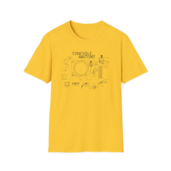 Yellow t-shirt with "Turntable Anatomy" diagram and labeled parts.