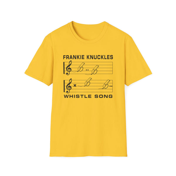 Yellow t-shirt with black text "FRANKIE KNUCKLES WHISTLE SONG" and musical notation.
